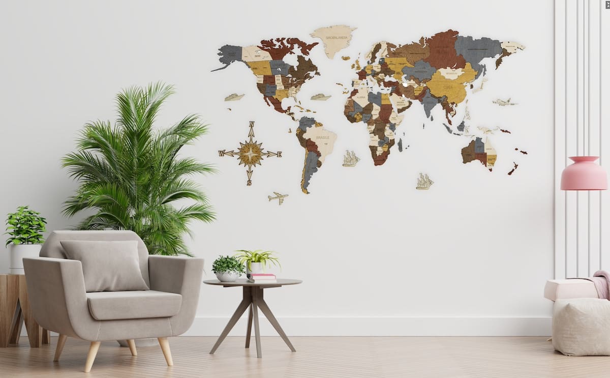 Mapa 3D del mundo de madera, lujoso, grande para la pared, para niños.